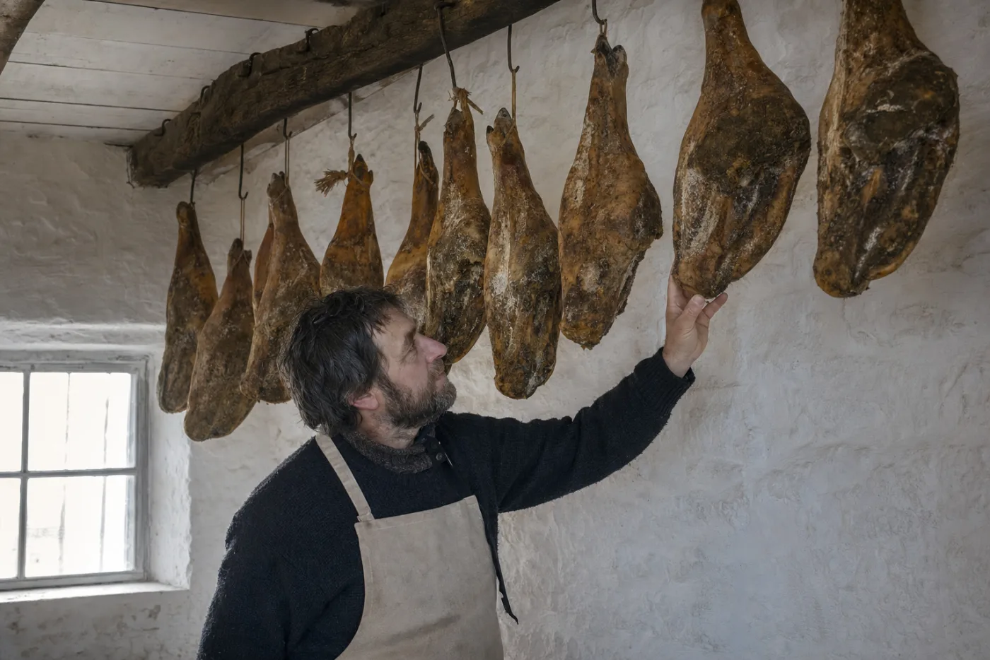 A farmer checking hams hanging in a farm curing loft