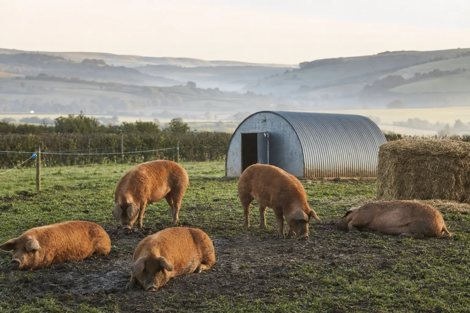 Ginger Tamworth pigs rooting in a Dorset paddock beside a corrugated ark